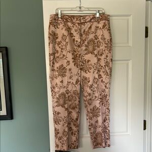 Chico's Pink and Gold Ankle Cropped Pants with Floral Design
